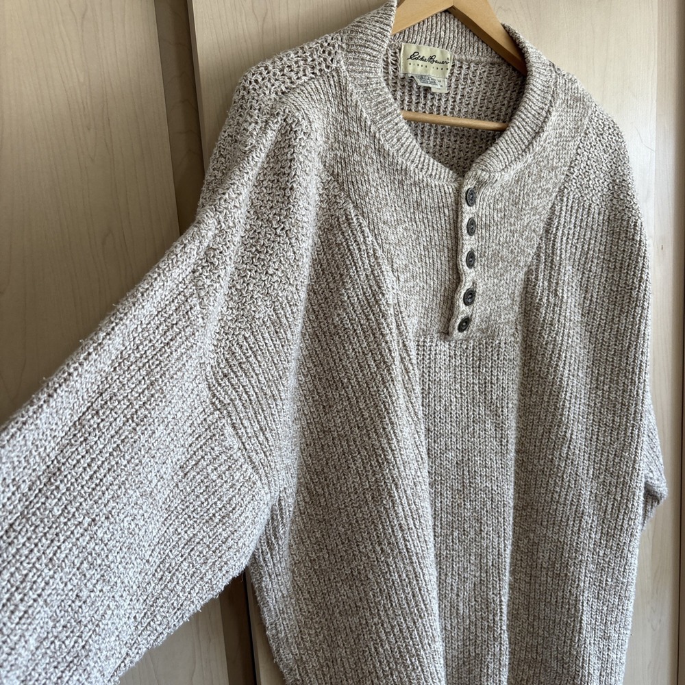 Vintage Eddie Bauer Men's XL Henley Sweater Tan‎ Sand Cotton Knit Made in USA - Picture 3 of 7